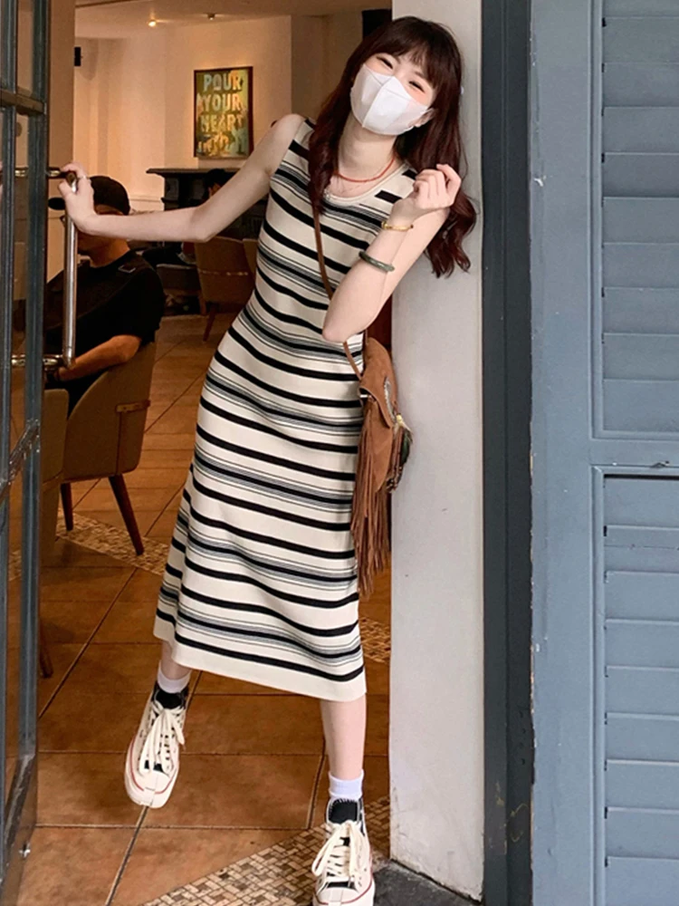 Slim Fit Striped Knitted Long Dress Women's Summer Vest Dress A-Line Skirt Style Comfortable Breathable Casual Korean Fashion