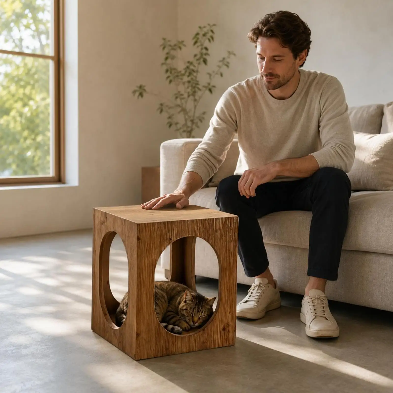 Cat House Side Table for Living Room Sofa Wood Furniture with Enclosed Shelter Space Saving Pine Wood Design