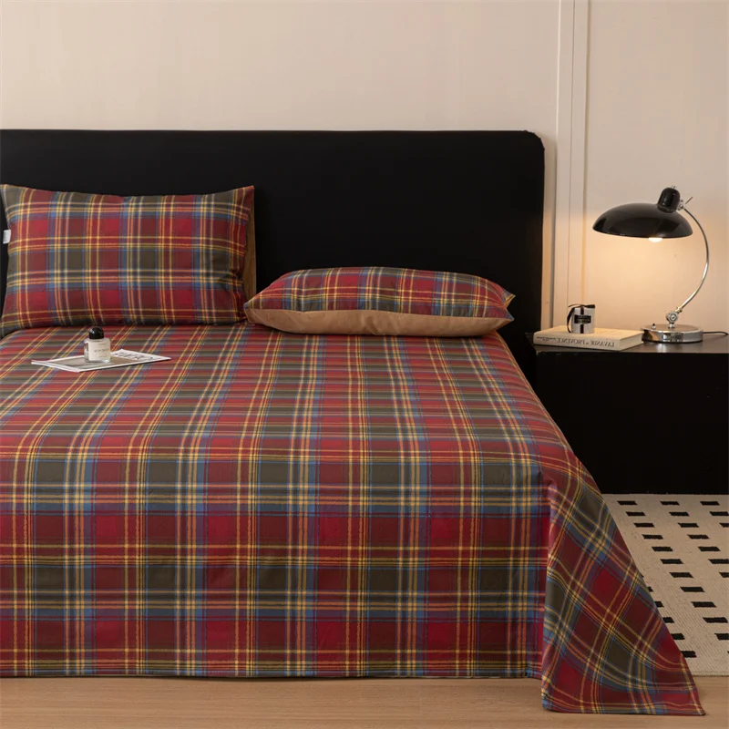 100%Cotton Striped Grid Bed Sheet Single/Queen/King Size Flat Bed Sheet British Style Top Sheet for Double Bed Pure Cotton Sheet