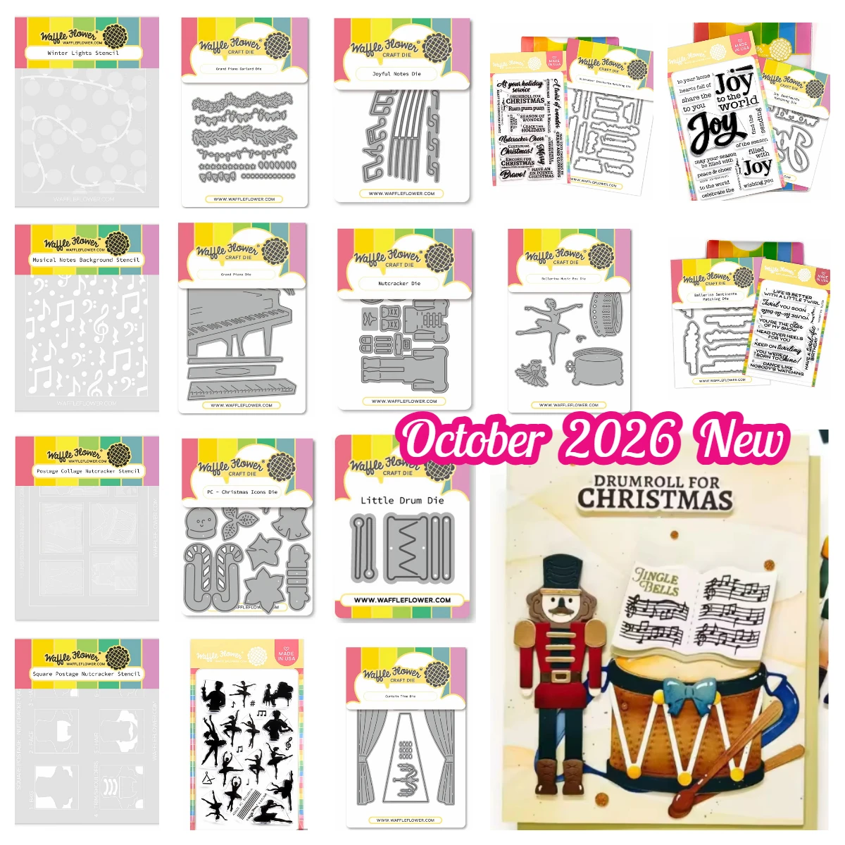 Waffelblumen-Ballerina-Spieluhr, Happy Drum, Nussknacker, Oktober 2026, neue Stanzschablonen, Stempel, Schablonen für DIY-Handarbeiten und Scrapbooking