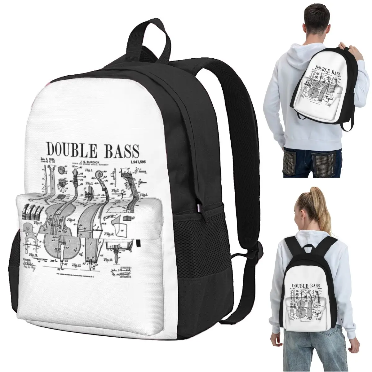 Double Bass Player Bassist Musical Instrument Vintage Patent Backpack Student BookBag Kids School Bag Computer