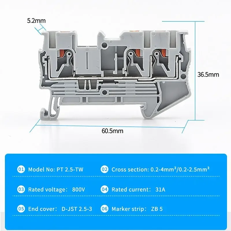 50pcs PT 2.5-Twin 3 Din Rail Terminal Block Mount Conductors Push In Spring Screwless Feed Through Wire Connector