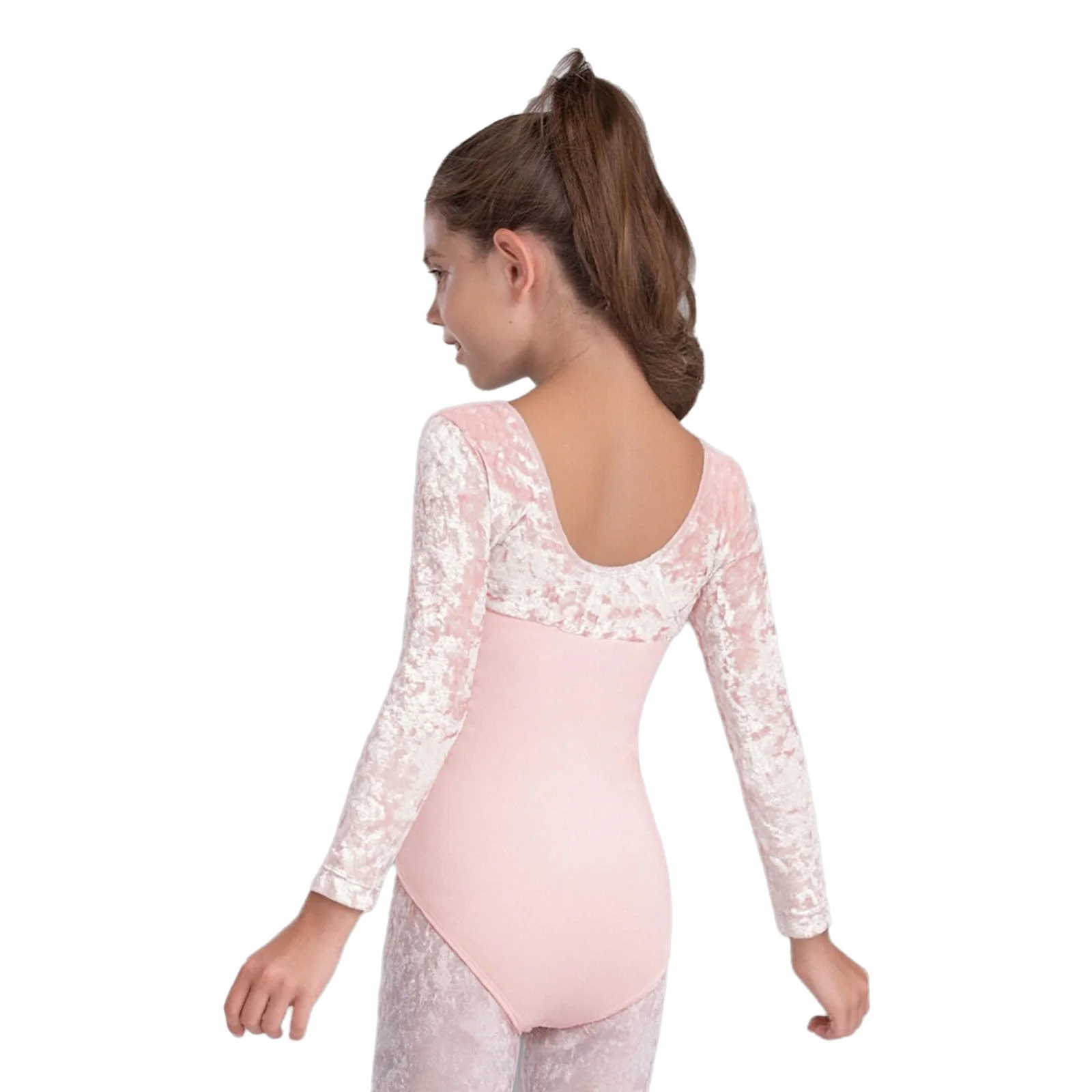 Kids Ballet Leotard Long Sleeve Bowknot Lace Trim Velvet Gymnastics Dance Wear Girls Practice Performance Examination Costume