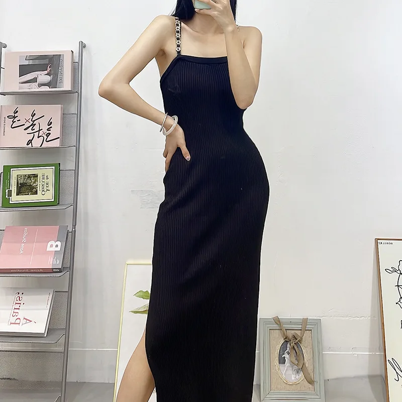 Dophee 2024 New Summer Elegant Lady Slimming Maxi Dress Sexy Split Metal Chain Strap Ultra Long High Stretch Basic Knitted Dress