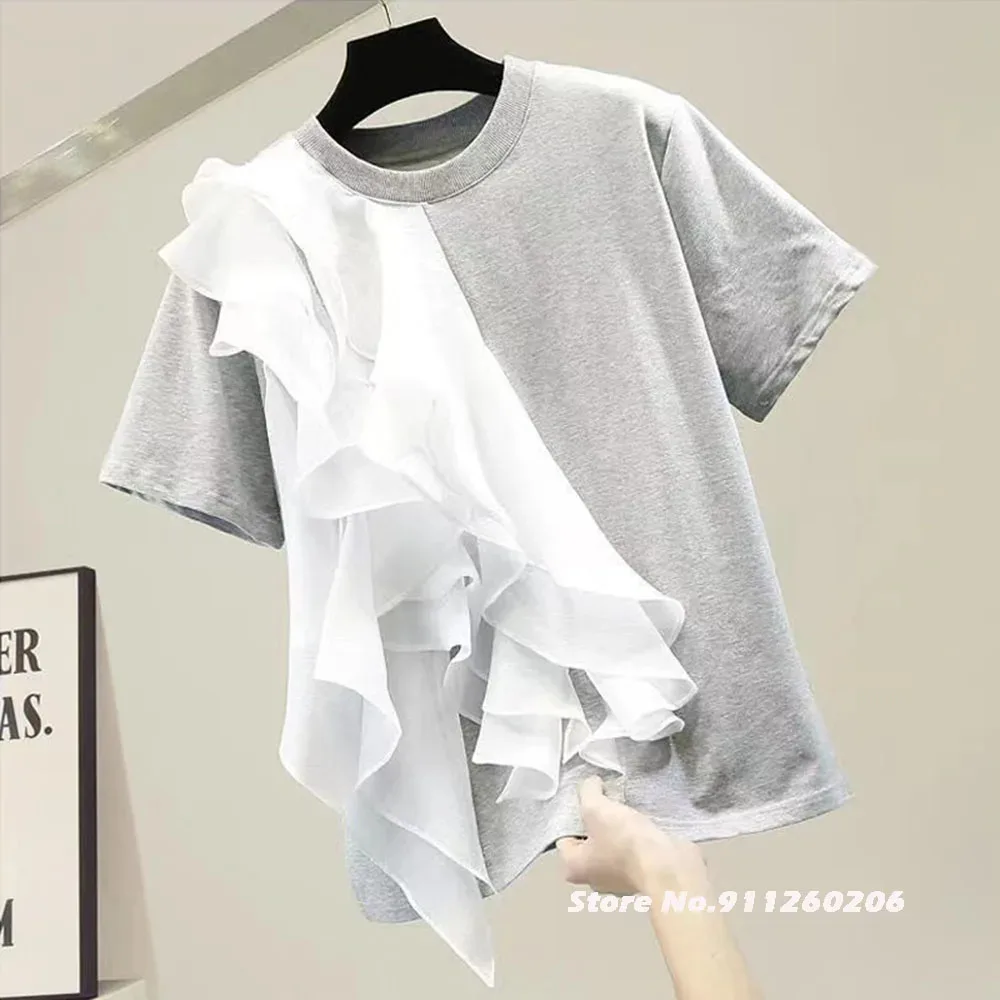 Patchwork Ruffle Black White Tops For Women O Neck Short Sleeve Casual T Shirt Female Fashion New Clothing 2025 Summer