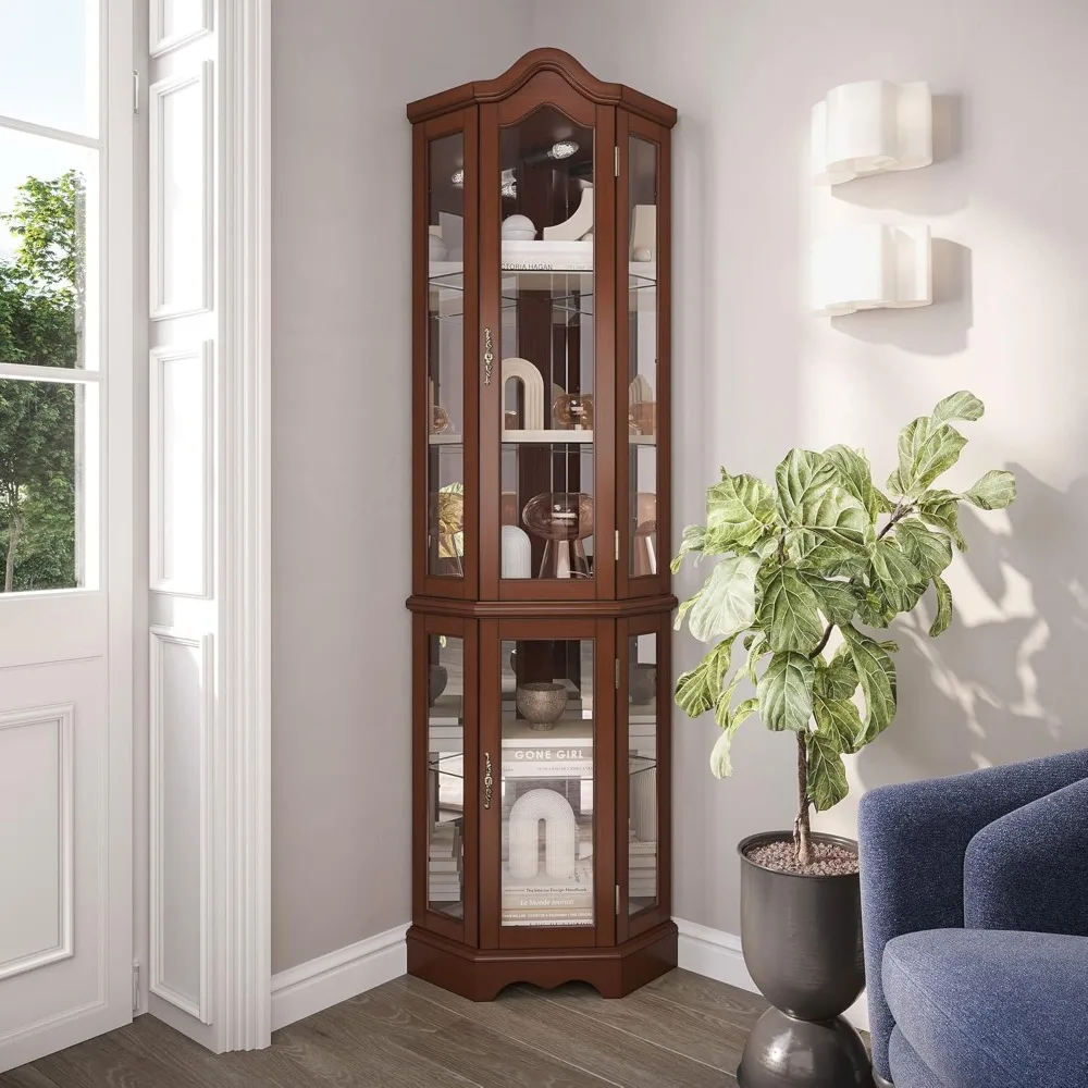 

Lighted Corner Display Curved Top Curio Cabinet Wooden Shelving Unit with Tempered Glass Door, Bar and Liquor Storage Area with