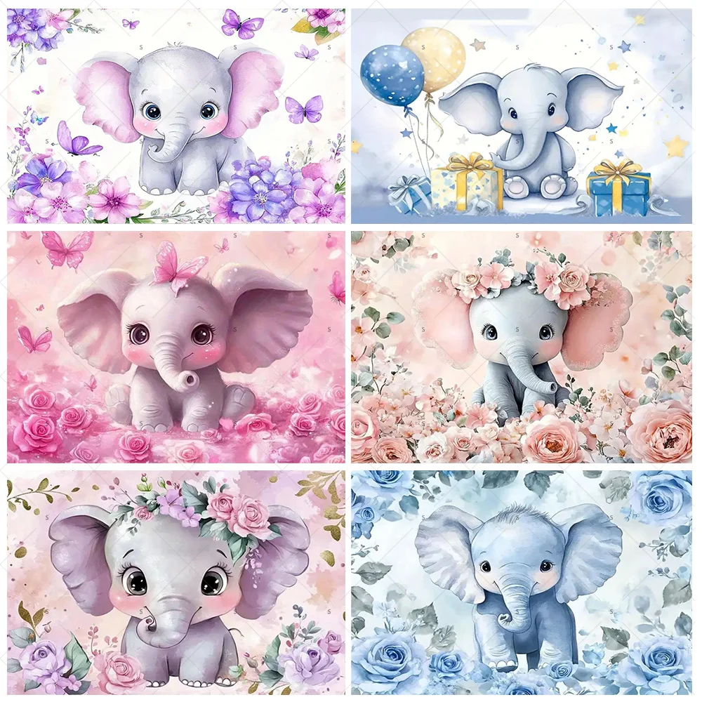 

Cartoon Elephant Flower Photography Backdrop Kids Birthday Party Decor Background Baby Shower Supplies Newborn Photo Shoot Props