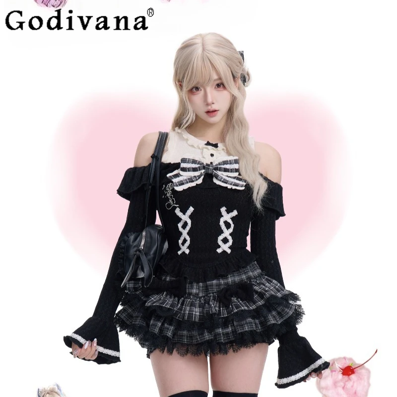 

Black Knitted Top with Bow Plaid Cake Skirt Set Female Street Wear Bow Design Lolita Suits Women's Japanese Style Sweet Outfits