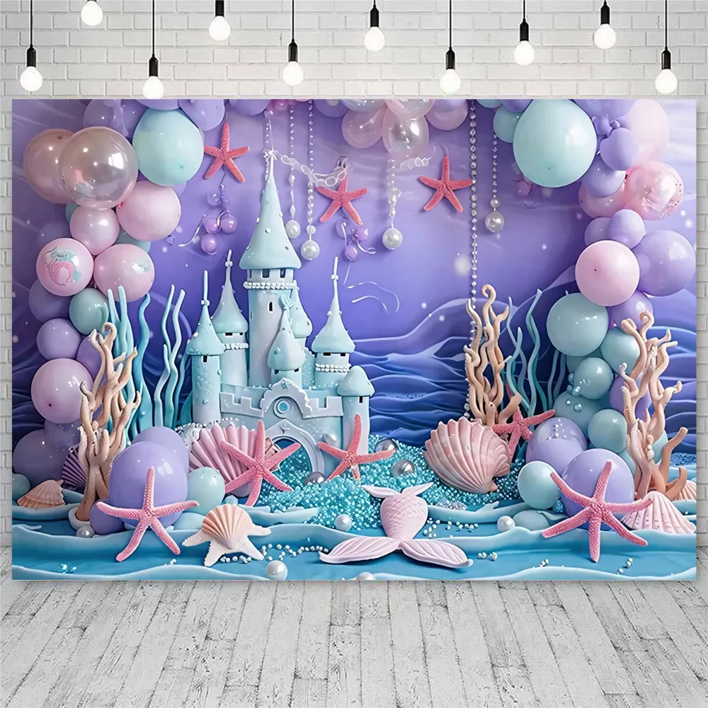 Under The Sea Mermaid Princess Castle Theme Girl Birthday Portrait Undersea Castle Seashell Beach Background Baby Shower Poster