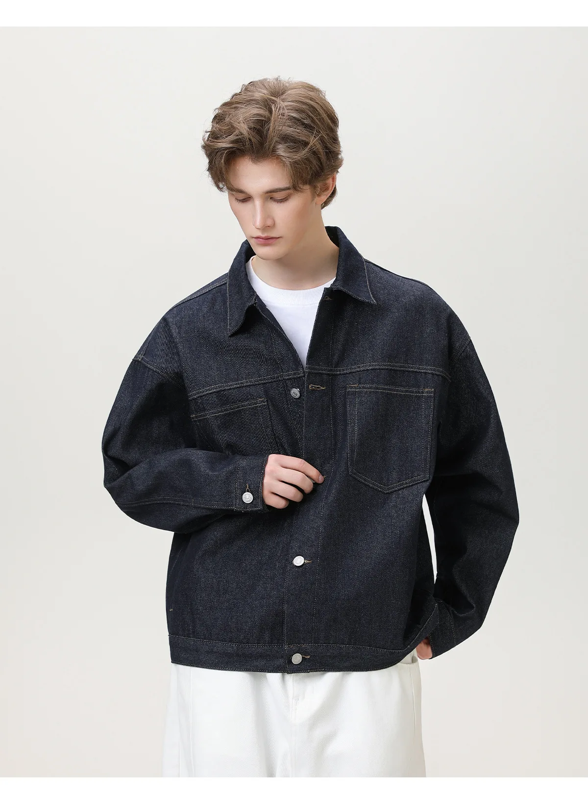 Bright Line Double Pocket Design Original Color Workwear Denim Jacket Men's Textured Loose Lapel Coat