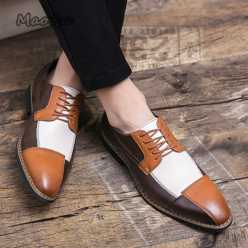 Men's Color Block Leather Oxford Dress Shoes Lace-up Low Heel Businese Footwear Wedding Office Gentleman Fashion Leather Shoes
