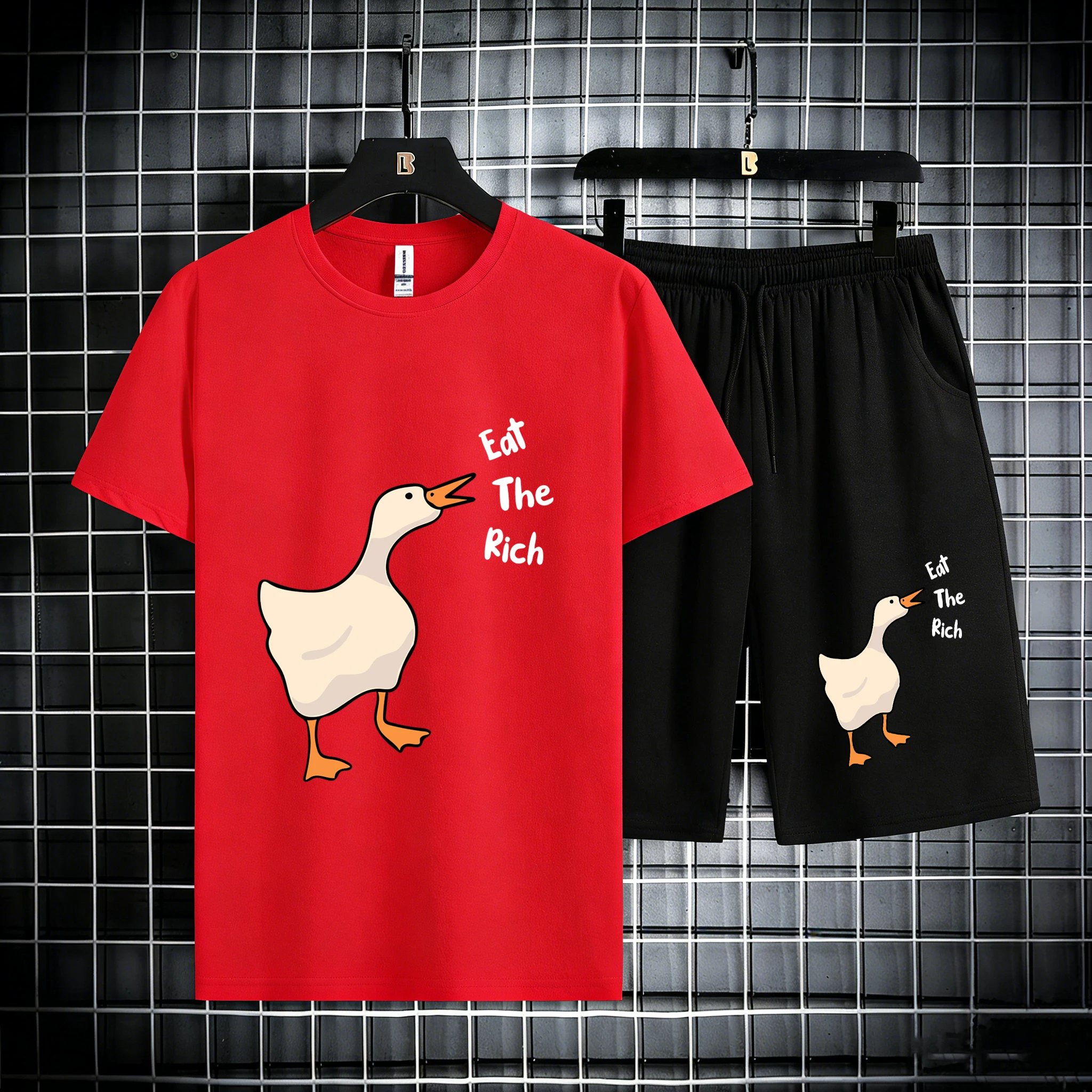 

Eat The Rich Goose Pattern Cotton Summer Cool T Shirts Man'S Drawstring Beach Short Pants Set Soft Fashion Tops Loose Sportpants