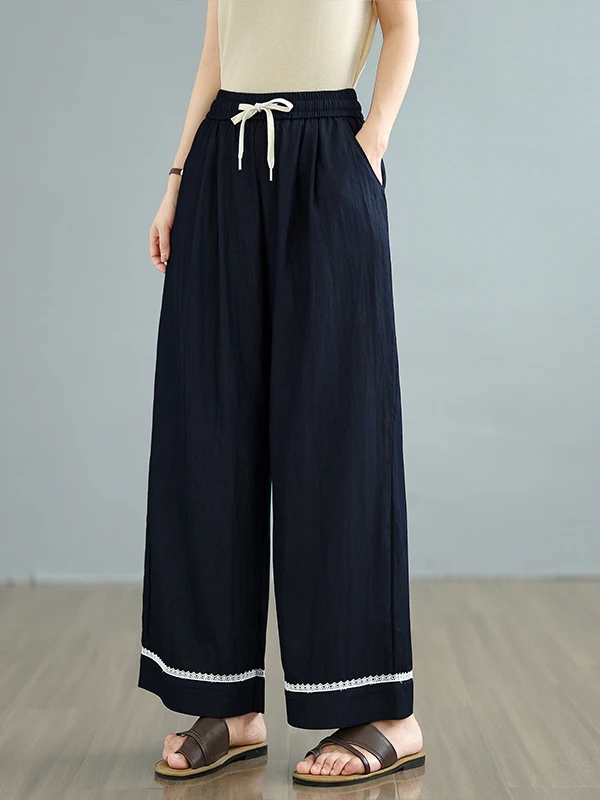

Summer Thin Lace Splicing Wide Leg Jeans Women's Loose Drapey Slimming Casual Pants High Waist Long Thin Denim Skinnies