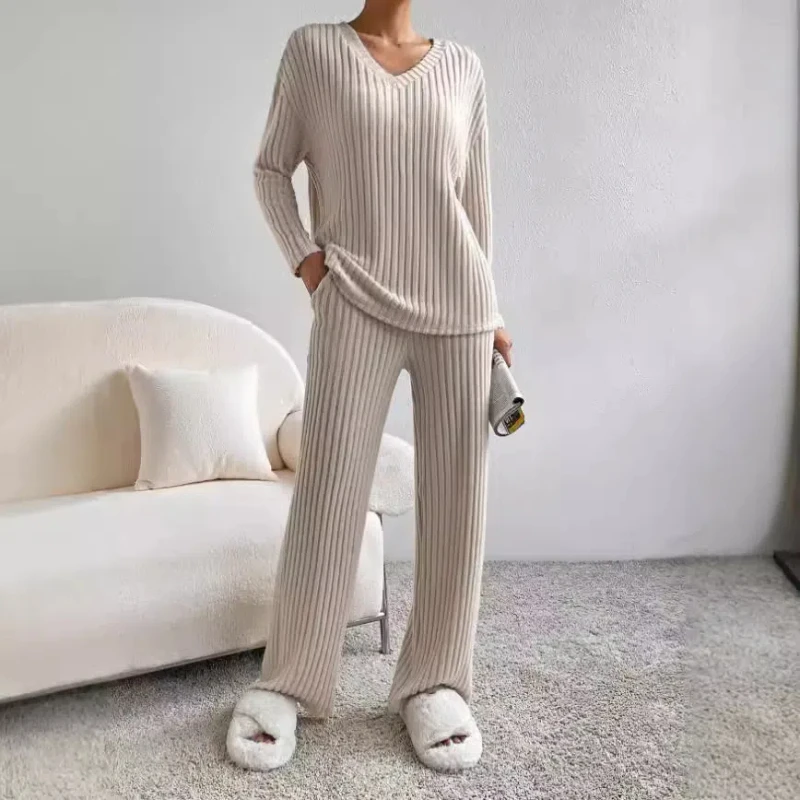 Hot Selling Home Clothes Women's Clothing Pit Striped Knitted Long Sleeved Top Long Pants Pajamas Two-piece Set