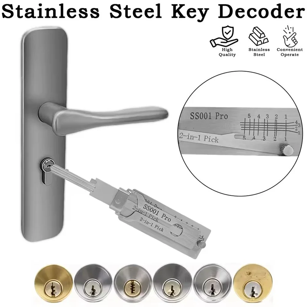 Professional SS001Pro 2-in-1 Stainless Steel Key Decoder Portable Locksmith Tool with Precision Hook & O-Ring Pickup Repair Kit