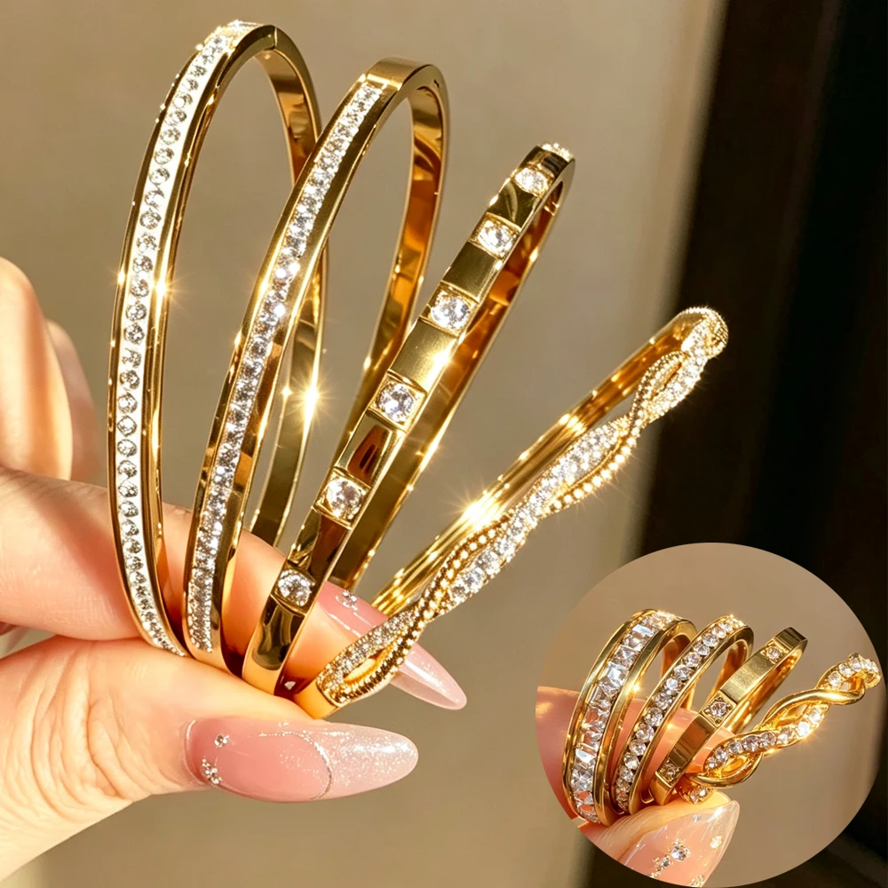 Yupsk 8-teiliges Set aus Edelstahl-Armbändern und -Ringen für Damen, exquisiter, glänzender Schmuck mit Zirkonia-Einlagen, geeignet für den täglichen Gebrauch. – Detail 2