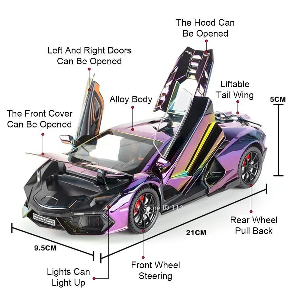 1:24 Senna Lambor Revuelto Alloy Model Toy Diecast Car Door Opened Sound Light Pull Back Front Wheel Steering Vehice Friend Gift