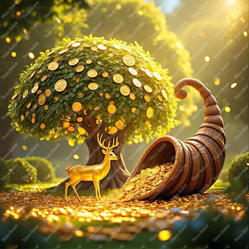 Three Ratels QHD57 Fantasy Wealth Tree Golden Deer Lucky Landscape Wall Stickers for Home Decoration Self Paste