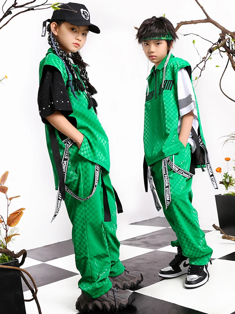 Verde Plaid gilet pantaloni bambini Hip Hop Costume ragazze ragazzi Street Dance vestiti estate allentato abbigliamento Casual moderno Rave vestiti BL8127