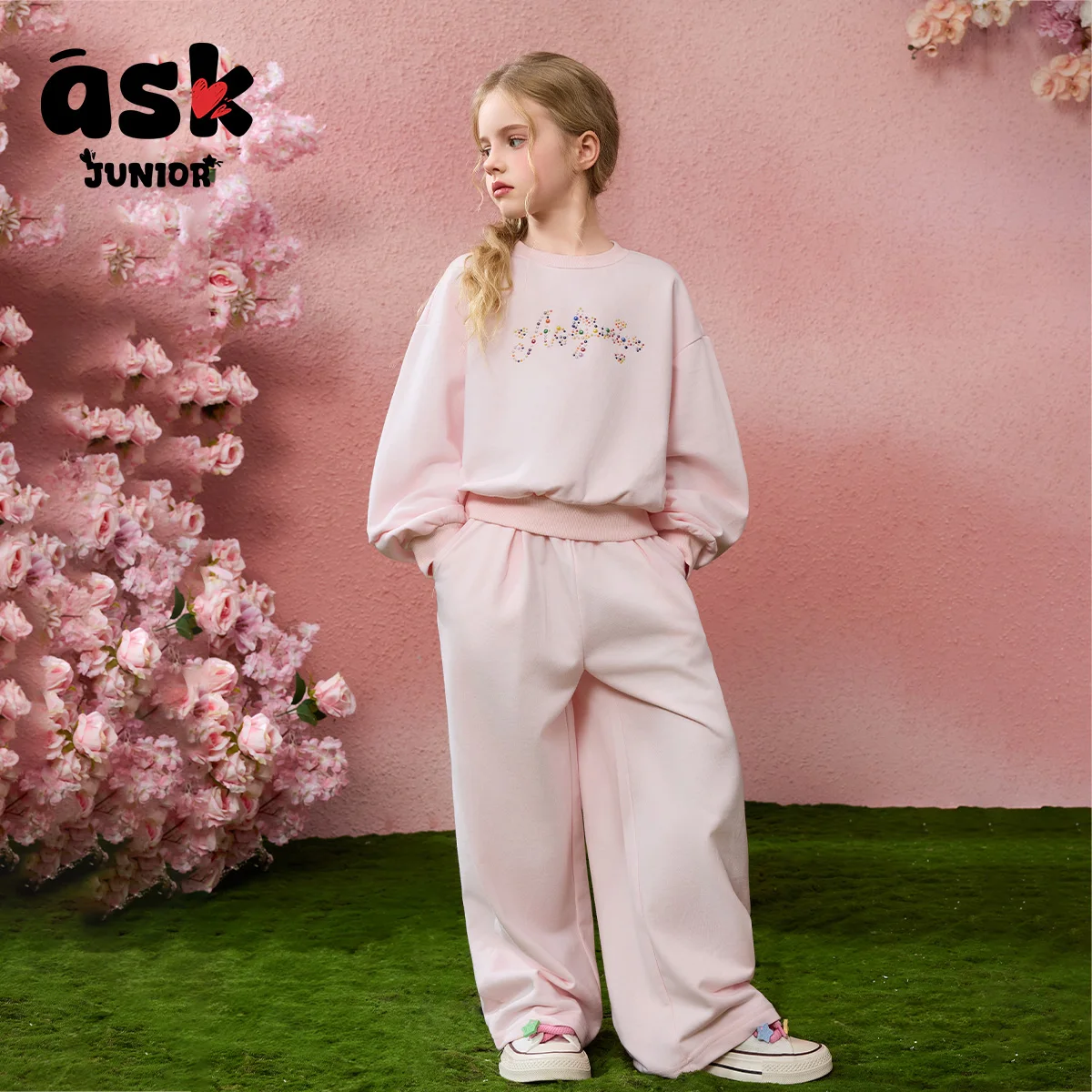 اسأل جونيور [بدلة أطفال] بلوفر ربيعي للفتيات برقبة دائرية وأكمام طويلة وسراويل مستقيمة وبنطلون من قطعتين