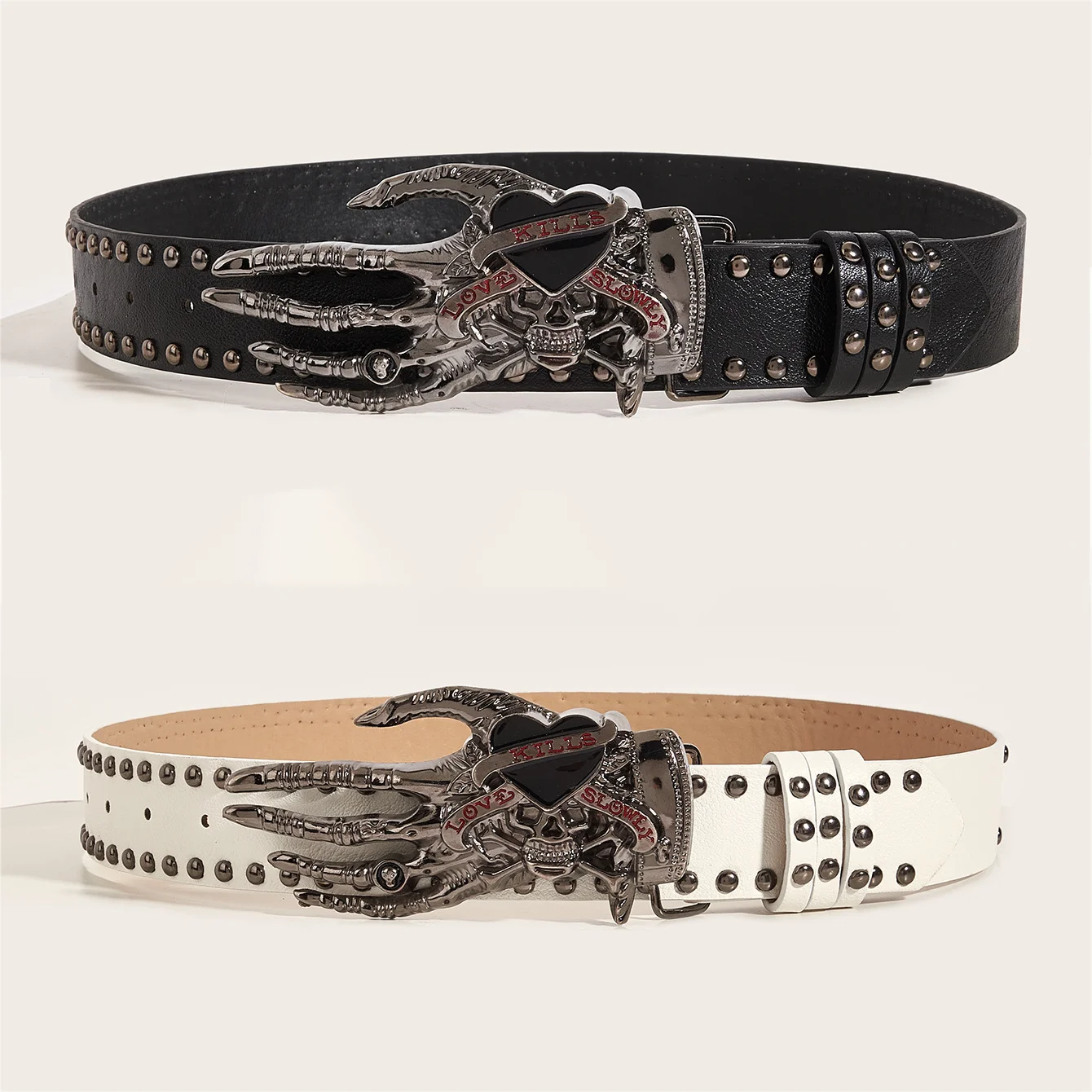 

Gothic Punk Skeleton Hand Buckle Belt, Heavy Rivet Design, Multi-color, For Jeans, Edgy Waist Accessory