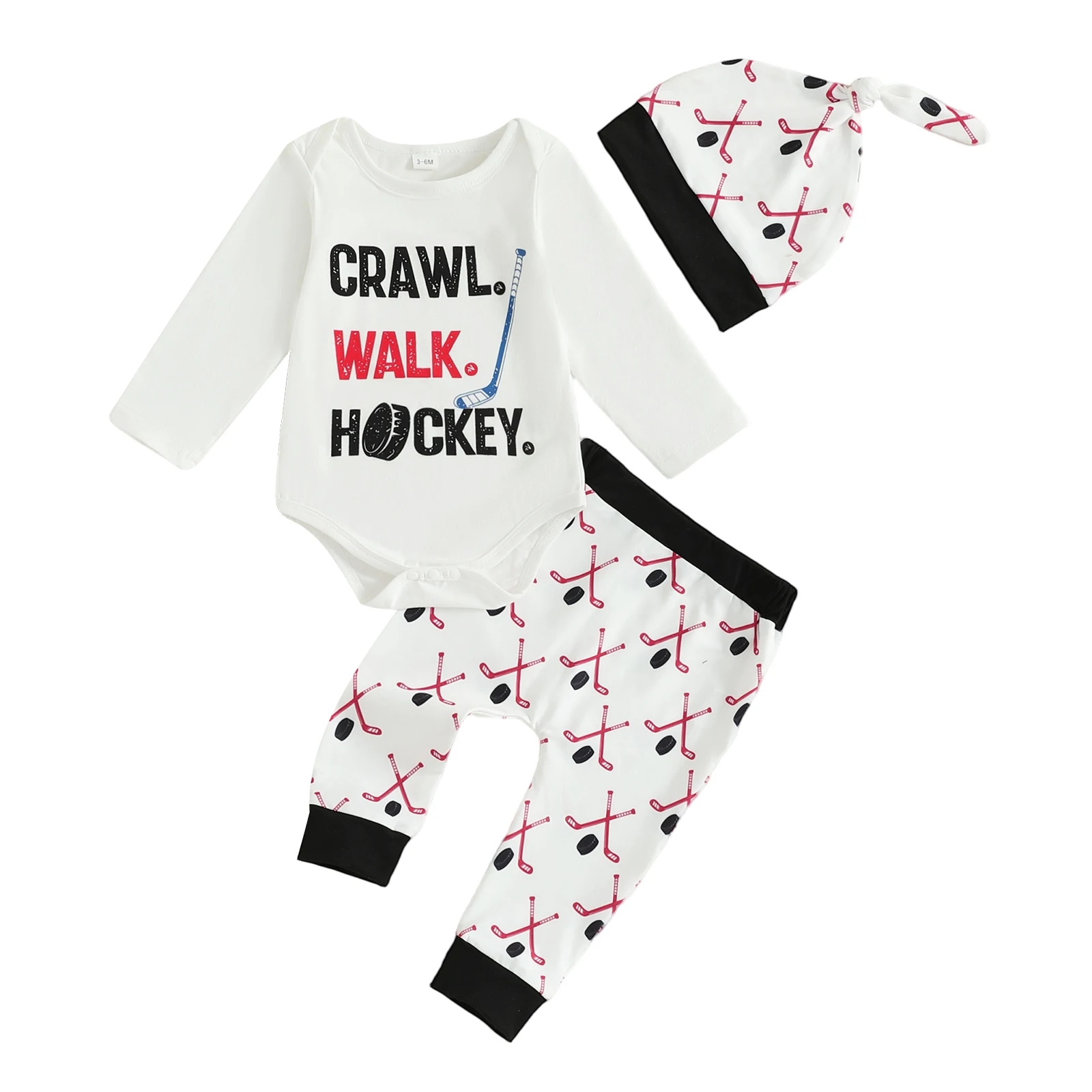 

Baby Boy Fall Clothes Letter Print Long Sleeve Romper Hockey Pattern Pants and Hat 3Pcs Outfit