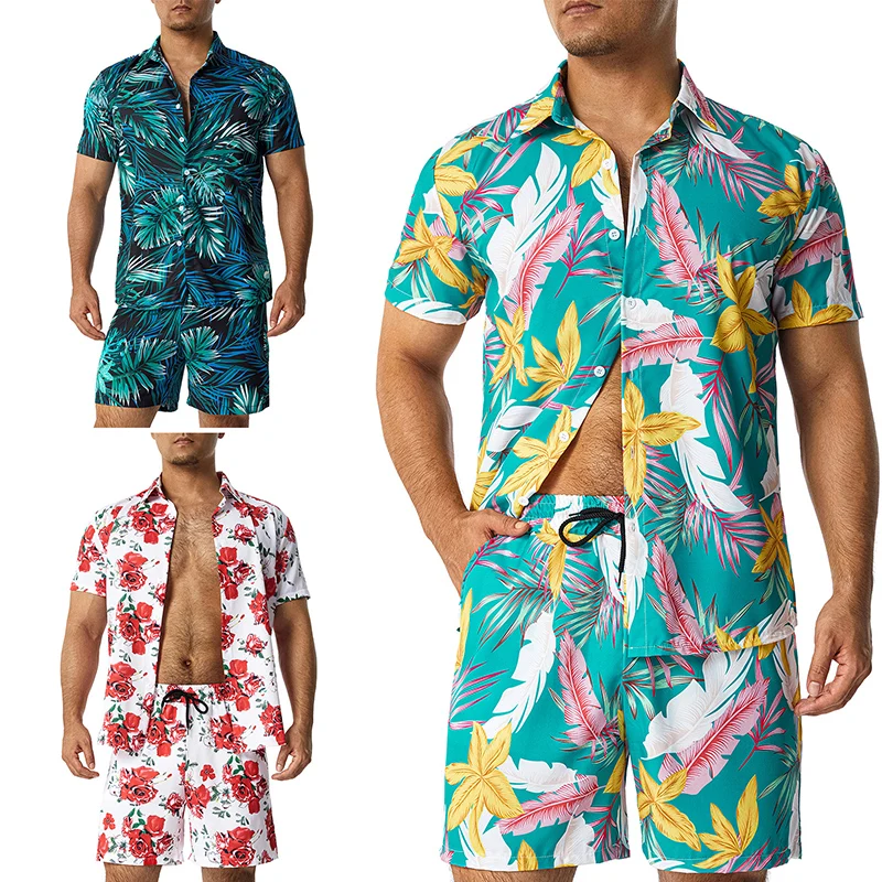 11 Colors Mens Fashion Print Sets Lapel Short Sleeve Casual Shirt Beach Shorts Set Summer Vacation Hawaiian Suits S-5XL