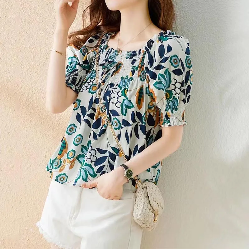 

Summer New Women's Clothing Square Collar Fashion All-match Printing Shirt Ladies Korean Puff Sleeve Casual Sweet Style Blouses