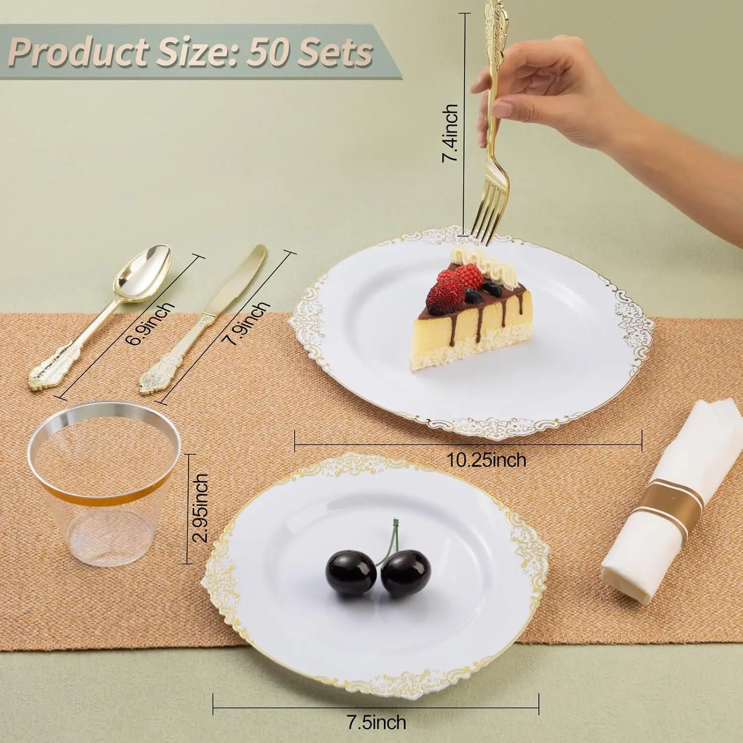 350PCS Gold Plastic Plates for 50 Guests, Disposable Dinnerware Sets Include 100 Gold Rim Plastic Plates, 50 Silverware