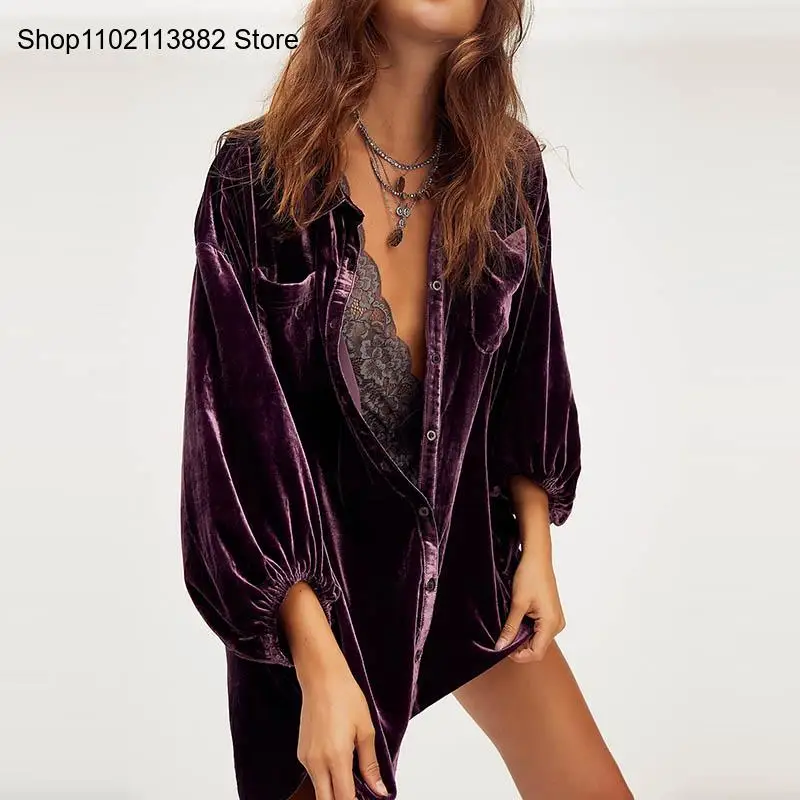 Autumn and Winter Women\'s Fashion Gold Velvet Lapel Coat Casual Button Cardigan Long Shirt Coat