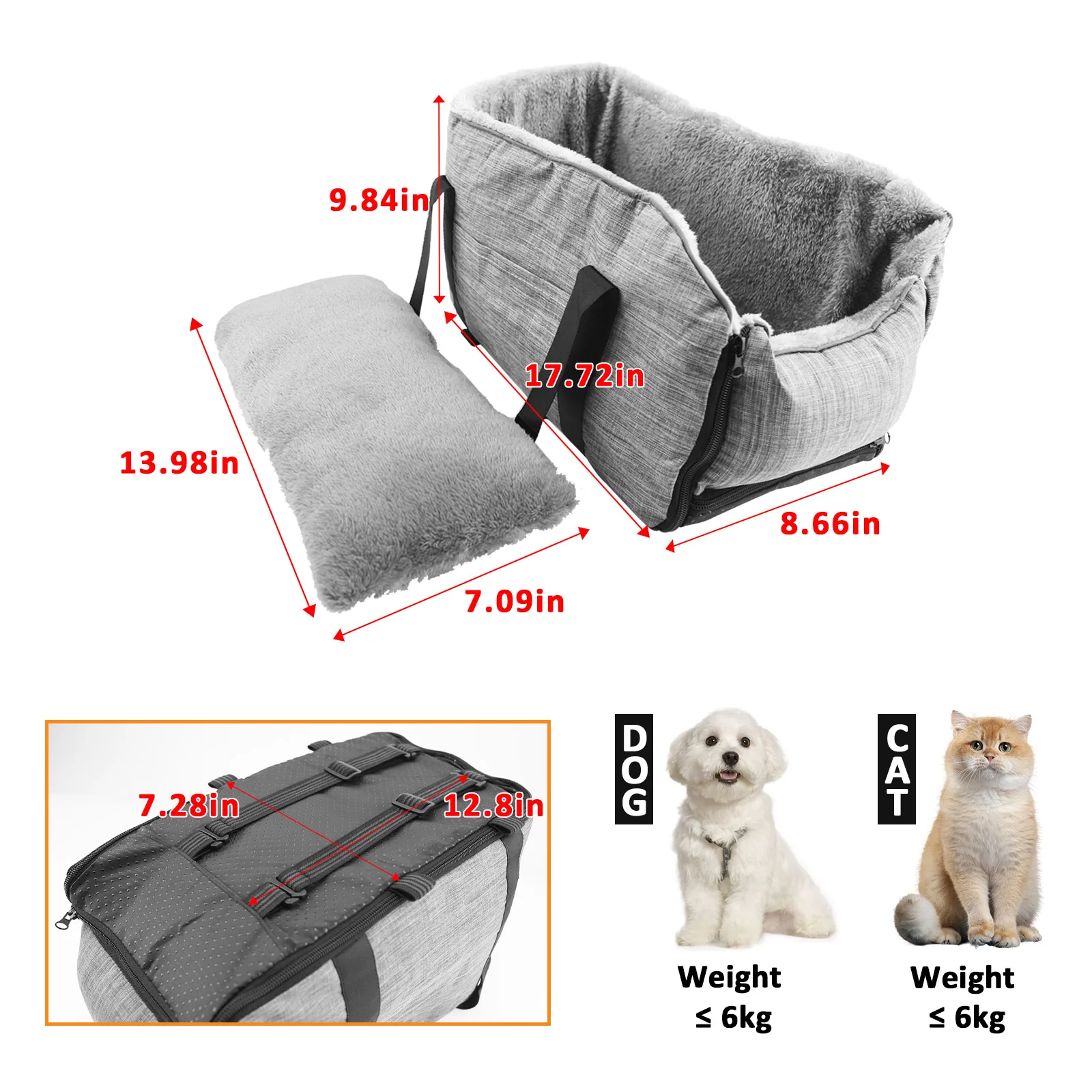 Pet Puppy Dog Car Seat Center Console Safety Seat for Small Pet Nonslip Carriers Washable Cushion Protection Hooks Portable Bag