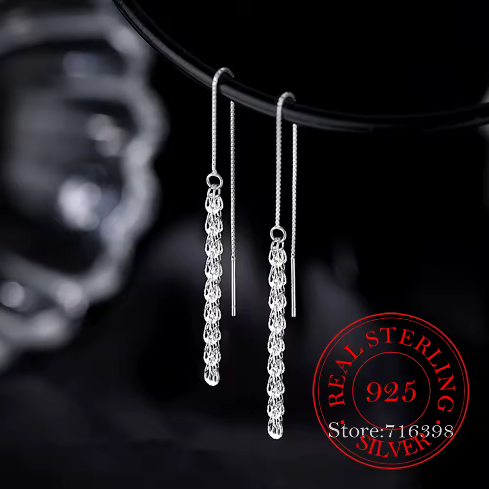 100% Real 925 Sterling Silver Tassel Long Drop Earring for Women Luxury Piercing Jewelry Women's Earrings Wedding Party pendient