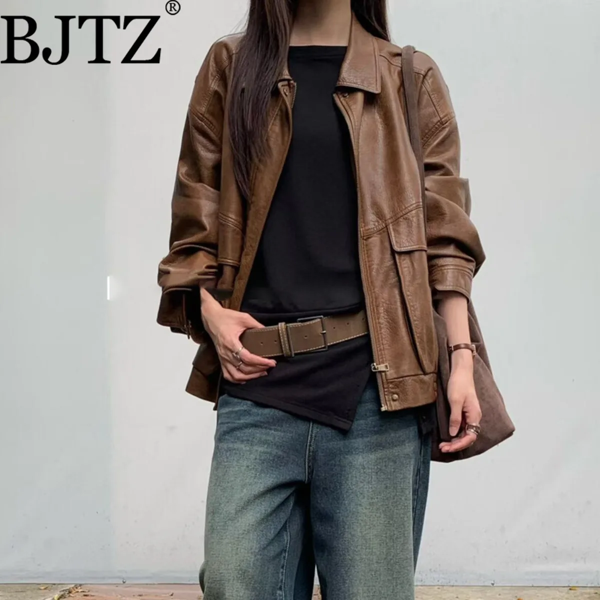 

BJTZ 2025 Fall Vintage Leather Jacket Coat Women’s, Minimalist Casual Luxe Design High-Quality Outerwear W/Comfort Fit