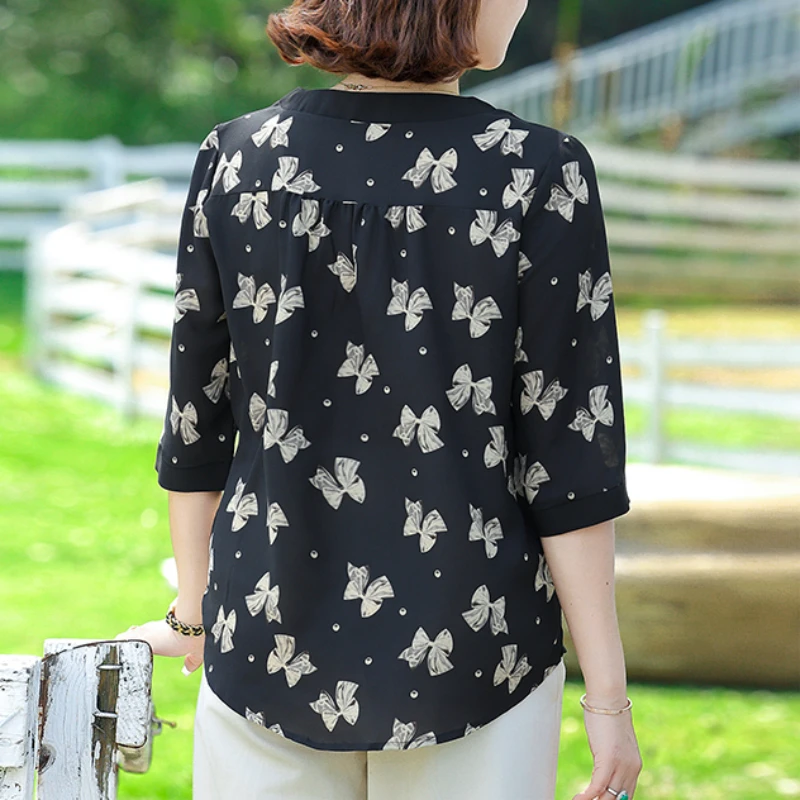 Bow Pattern Shirt 2024 Chiffon Patchwork Half Sleeved Women\'s Shirt New Casual Top Plus Size Summer Clothing