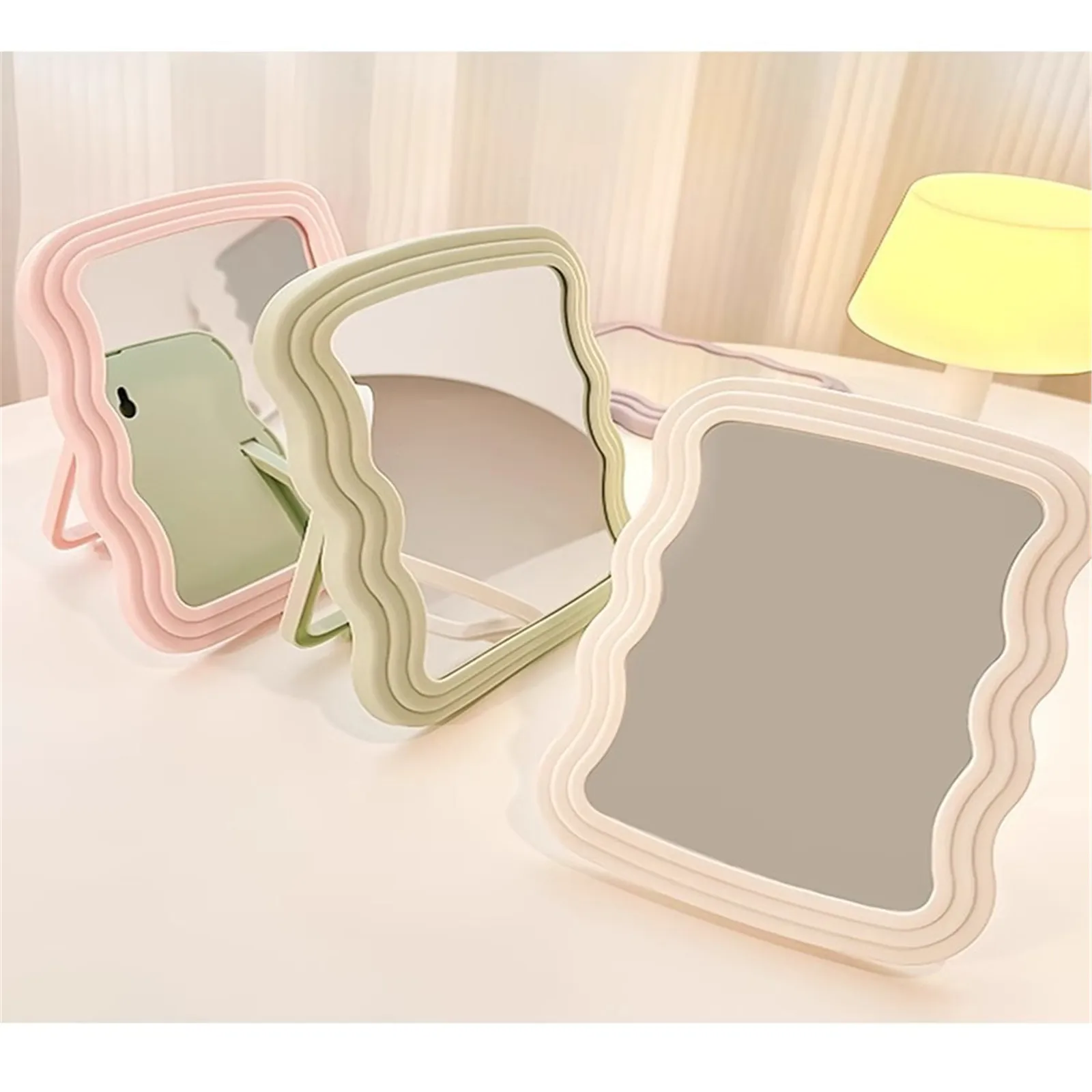 Cute Corrugated Desktop Makeup Mirror Solid Color Simple Portable Handheld Makeup Mirror Foldable Creative For Women