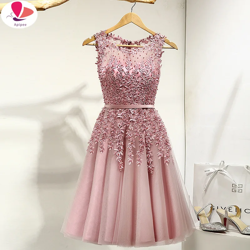 

APIPEE 2024 Hot Sell Elegant Knee Length Women Girls Dresses Appliques Beads Formal Party Dresses Pink Red Light Blue