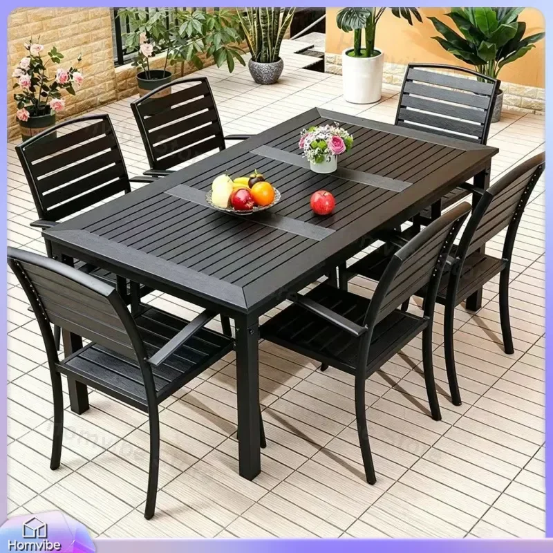 Outdoor Patio Furniture Set Plastic Wood Garden Dining Table and Chairs Balcony Courtyard Anti Corrosive Weatherproof Combo