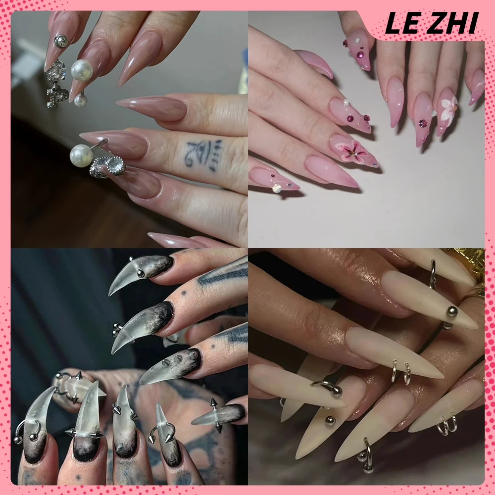 

Y2K Spice Girl Dragon Shape Claw Thick Handmade Full Cover False Nail Diamond Flower Sequins Gradients Reusable Press On Nails