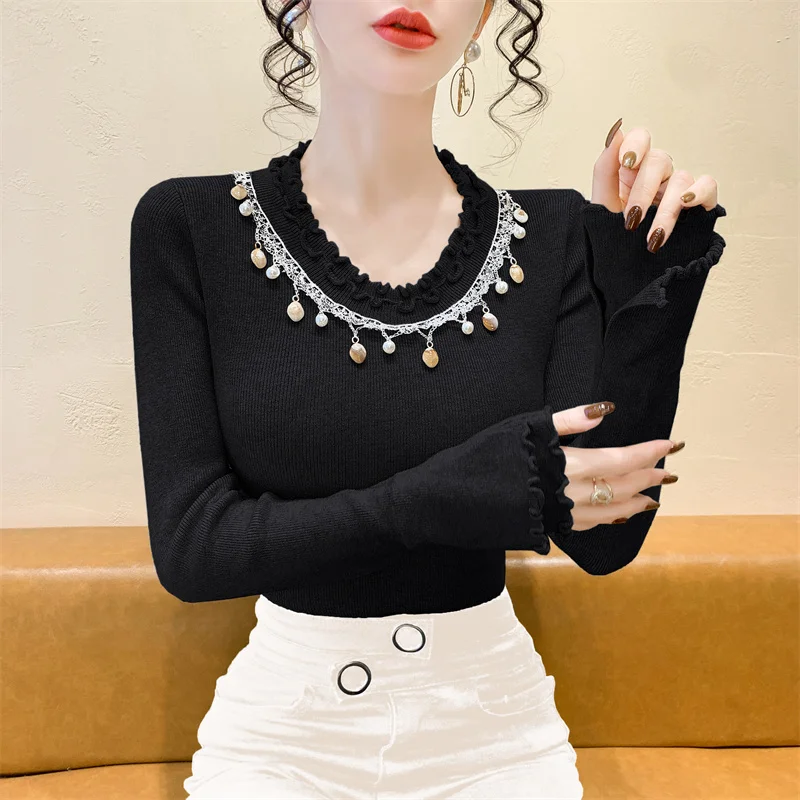 2025، جديد، أوروبي، ملابس، محبوكة، سترة، نسائي، موضة، مثير، رقبة دائرية، دانتيل عرقي، مطرز بالخرز، كم طويل، بلوفر، كشكشة، بلايز، 412125