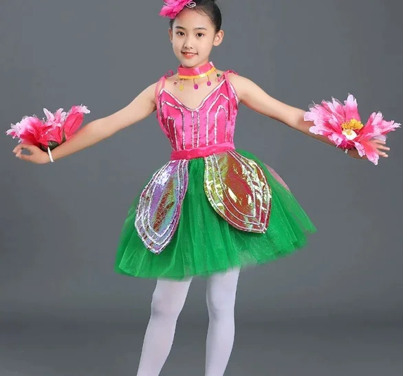 

Stage Wear Festival Celebration Petal Sequins Modern Dance Dress for Girls Lyrical Contemporary Freestyle Dance Costume Girls