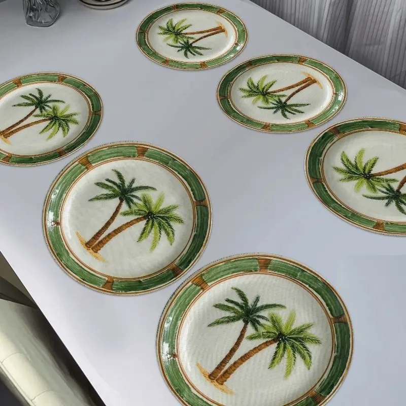 VIKAMA Retro Green Edge Palm Tree Round Table Mat Thermal Insulation Fabric Table Mat Tropical Vacation Style Table Decoration