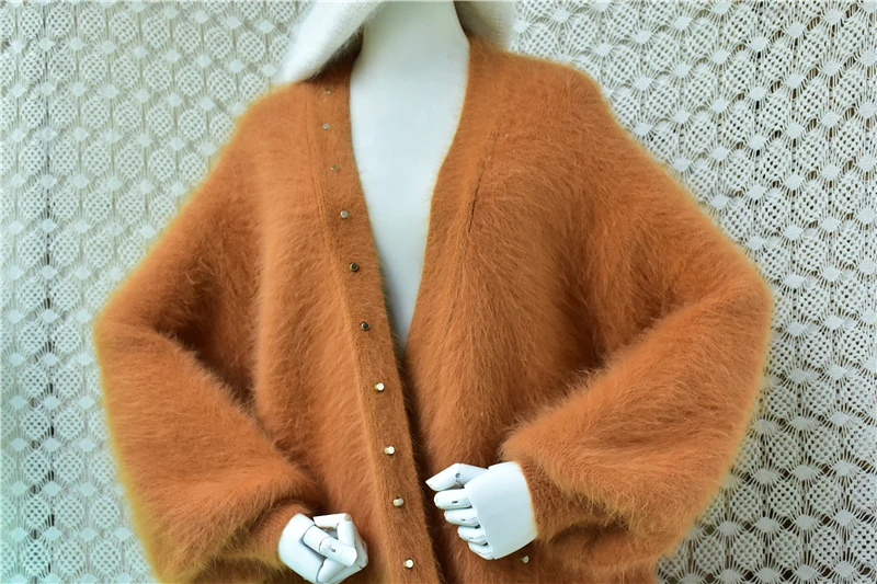 Women Fashion Beading Thick Warm Hairy Angora Rabbit Hair Long Lantern Sleeves Loose Cardigans Mantle Sweater Coat Pull Tops
