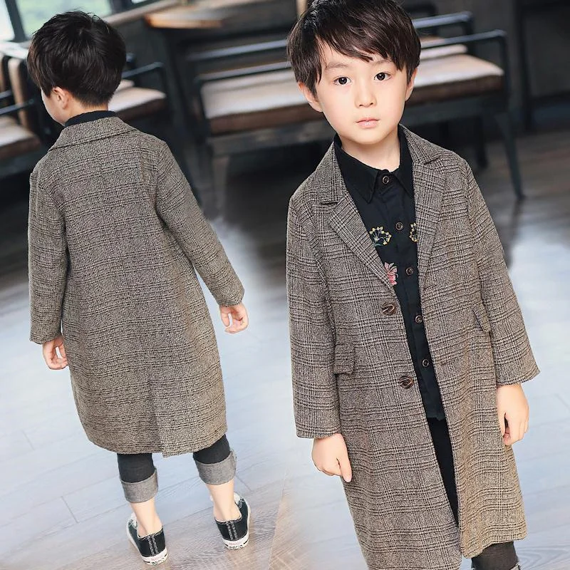 

Boys Woolen Coat Overcoat Jacket Windbreak 2024 Long Warm Plus Thicken Autumn Winter Cotton School Children's Clothing