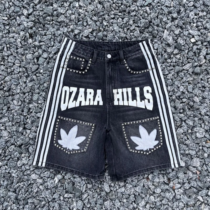 Y2K pantaloncini Harajuku Hip Hop Street Stripe Baggy Denim pantaloncini da palestra abbigliamento donna moda Casual gamba larga basket pantaloncini da Cowboy