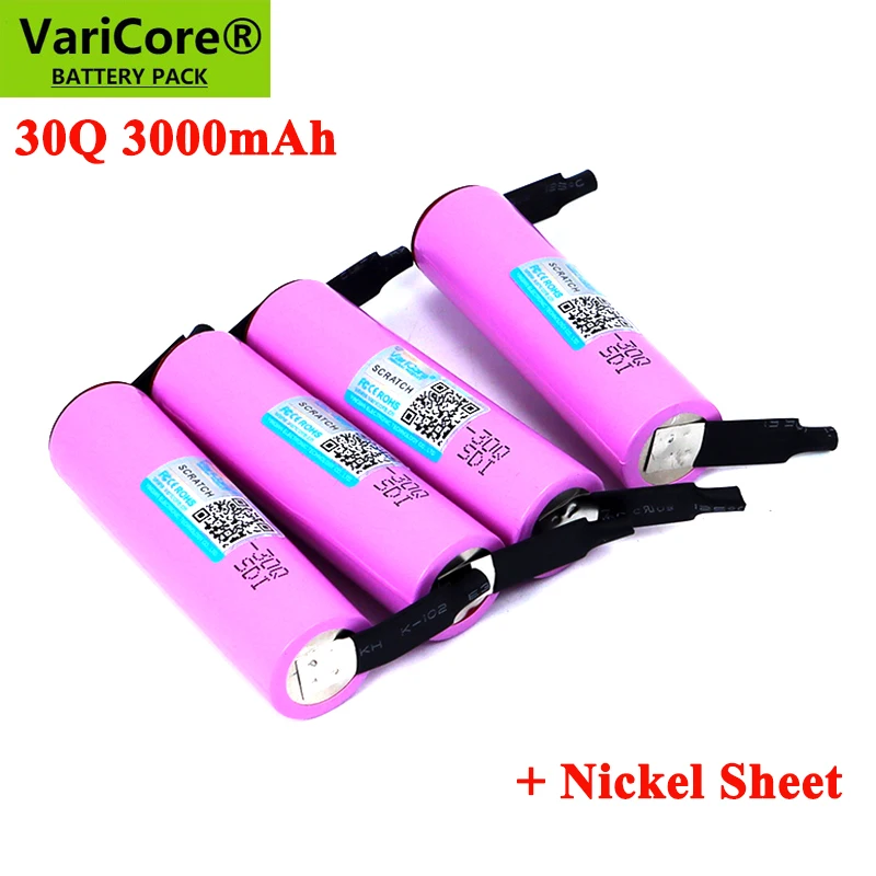 100% novo 30q 18650 3000mah bateria recarregável 3.6v descarga 20a max 35a baterias de energia diy folha de níquel