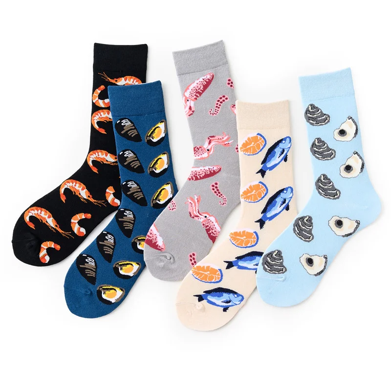 

5Pairs Street Style Men Happy Long Socks Salmon Shrimp Squid Oyster Patterned Couple Socks Man's Hip Hop Animal Cotton Socks