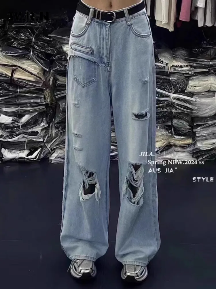 

Harajuku Y2K Loose Ripped Jeans 2024 Summer Vintage Hollow Out Blue Pants Women's Wide Leg Trashy Style Baggy Denim Trouser