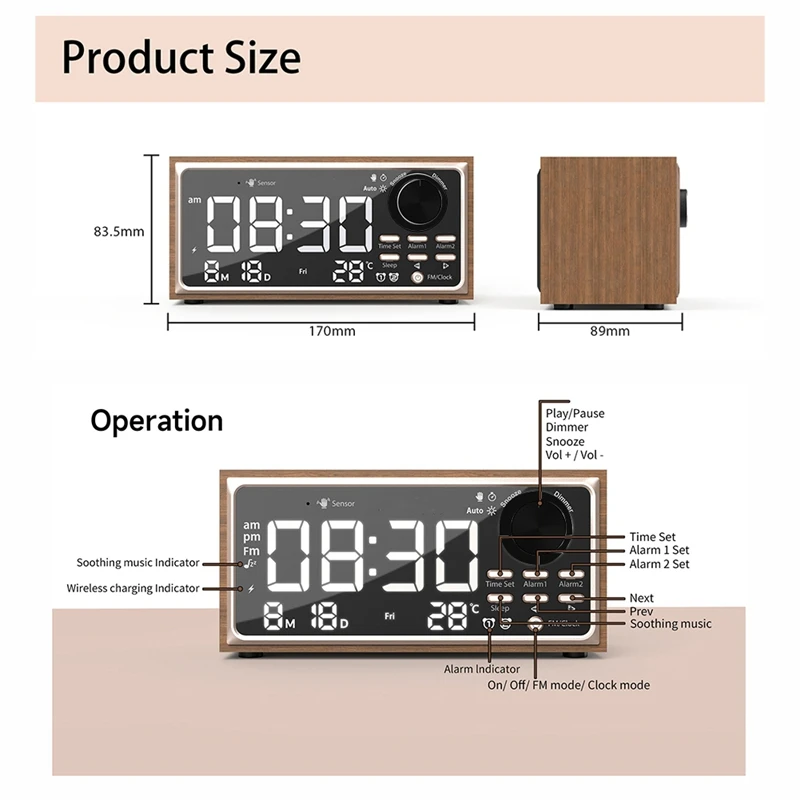 Vintage Dual Alarm Clock Radio With Wireless Charging, FM Radio, LED Display, Dimmer Control For Bedroom
