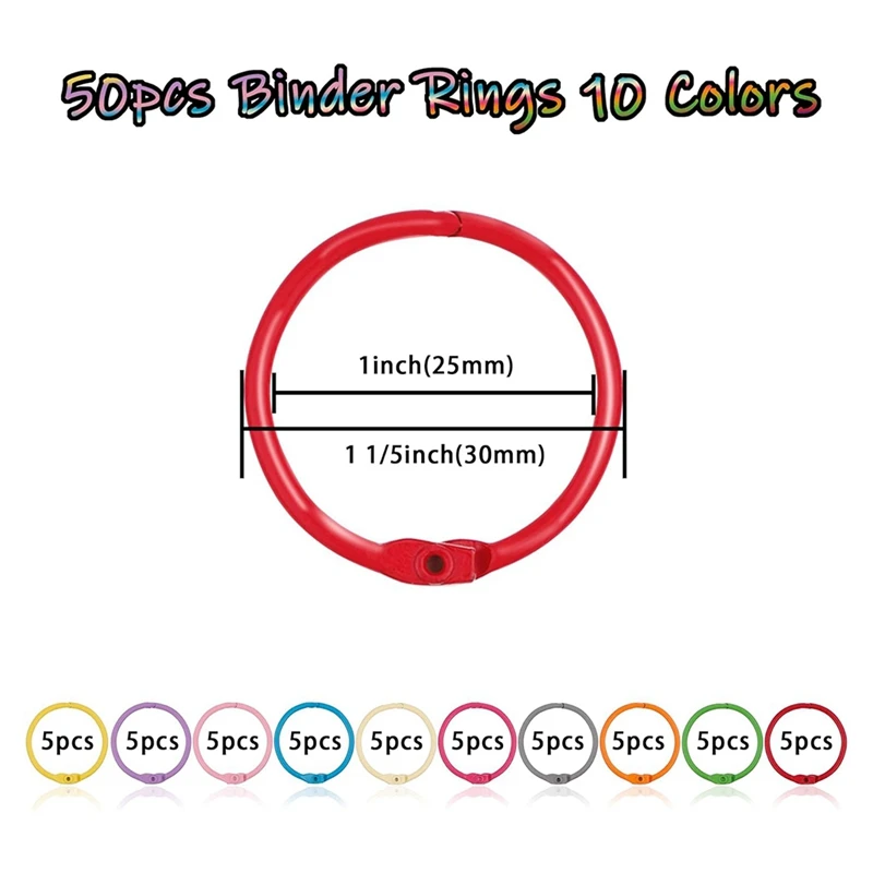 50PCS Metallic Loose Leaf Binder Rings 1 1/5 Inch Colorful Book Rings, Metal Steel Paper Rings Keychain, 10 Colors