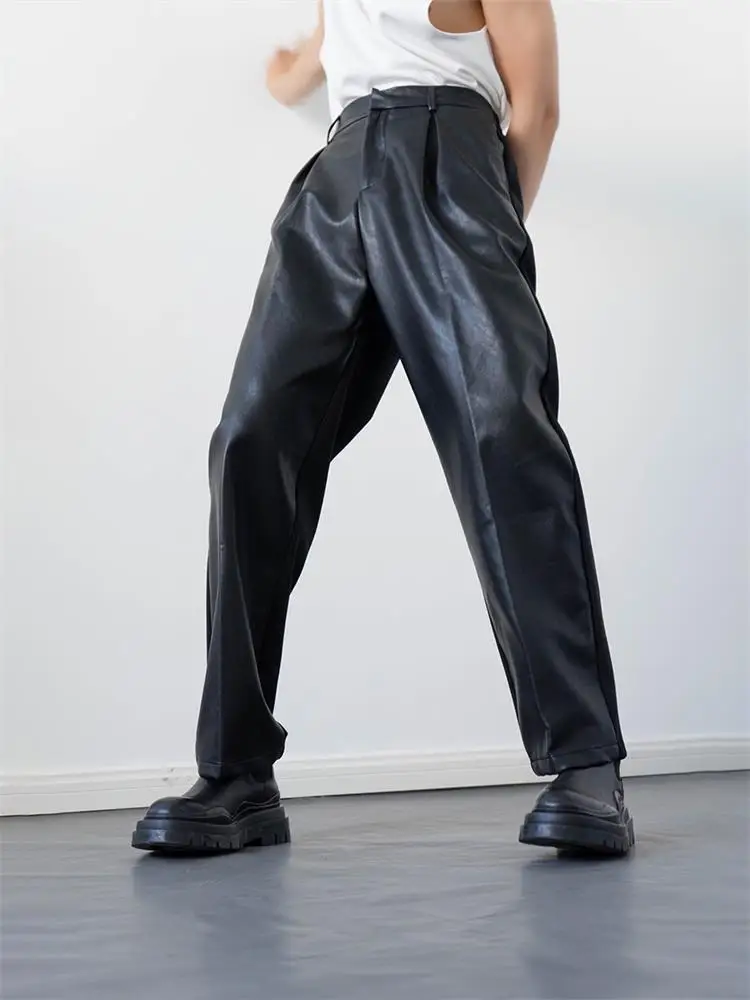 

Men's Straight Leg Leather Pants Fall/Winter New Fashion Singer Punk Style Casual Large Pants